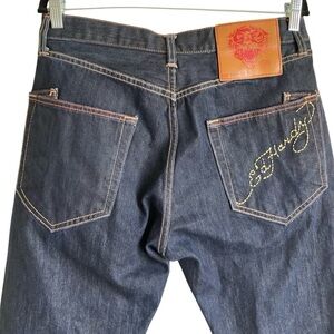 Ed Hardy Men’s Relaxed Straight Leg Jeans Size Dark Wash Small Embroidery 34x32